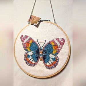 Hand Beaded Embroidery Blue Butterfly Hoop Wall Decor New with Tag